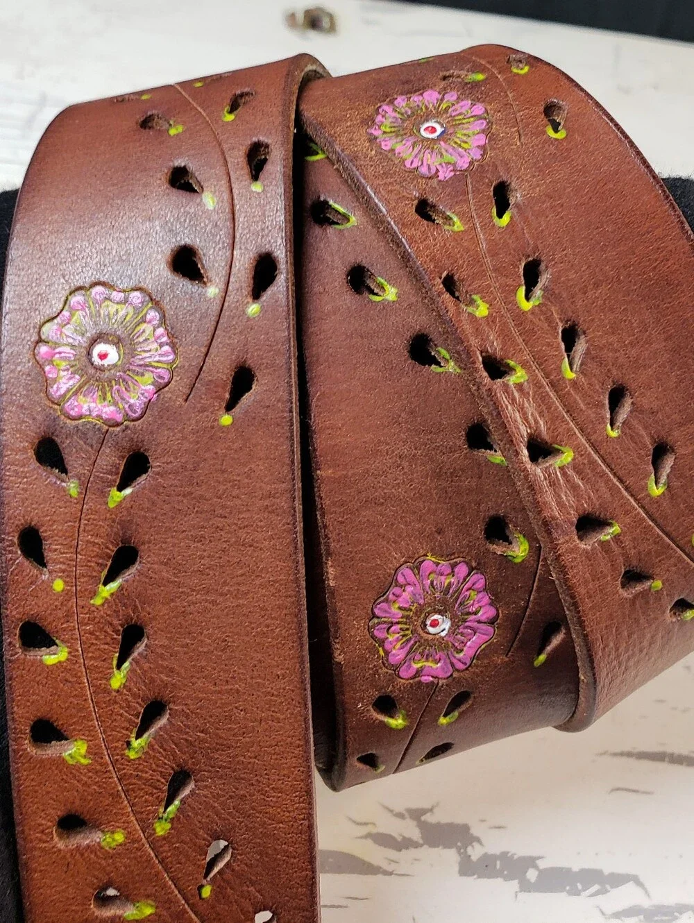 Handpainted Floral Vine Motif  Leather Belt in Brown in size XL